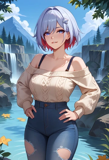 star rail,topaz,sweater,off-shoulder,ripped jeans  - AI generated anime art