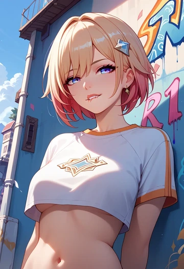 star rail,topaz,cropped graffiti sweatshirt,dolphin shorts  - AI generated anime art