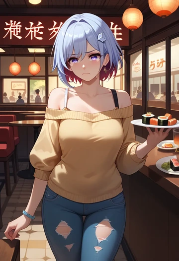 star rail,topaz,sweater,off-shoulder,ripped jeans  - AI generated anime art