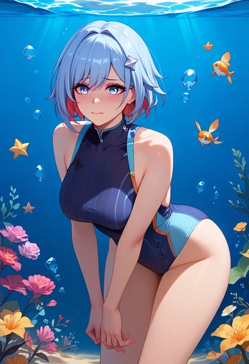 star rail,topaz,racerback swimsuit,striped trim,name tag patch  - AI generated anime art