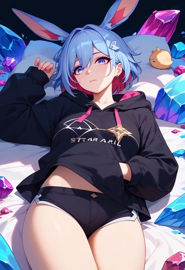 star rail,topaz,oversized graphic hoodie,thigh-high socks,shorts  - AI generated anime art