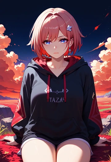 star rail,topaz,oversized graphic hoodie,thigh-high socks,shorts  - AI generated anime art