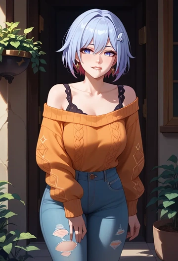 star rail,topaz,sweater,off-shoulder,ripped jeans  - AI generated anime art