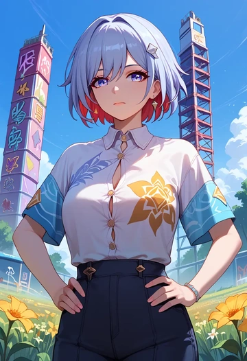 star rail,topaz,oversized graffiti shirt,dolphin shorts  - AI generated anime art