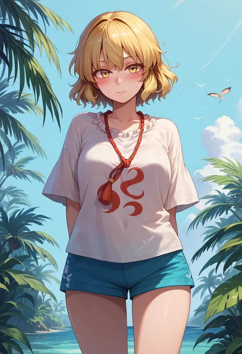 touhou,toramaru_shou,graphic tee,shorts,sneakers  - 