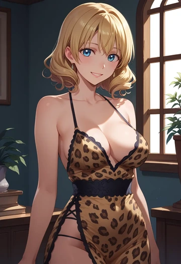 yuru_yuri,toshinou_kyouko,leopard print,silk slip dress  - AI generated anime art