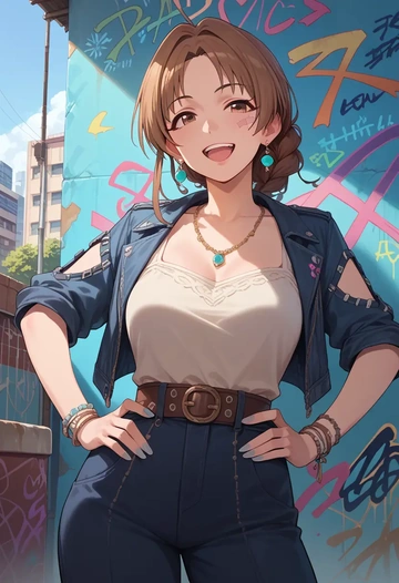 idolmaster,totoki_airi,patchwork graffiti top,dolphin shorts  - AI generated anime art