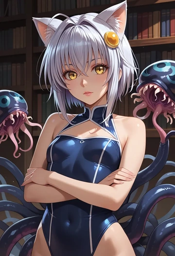 high_school_dxd,toujou_koneko,racerback swimsuit,striped trim,name tag patch  - AI generated anime art