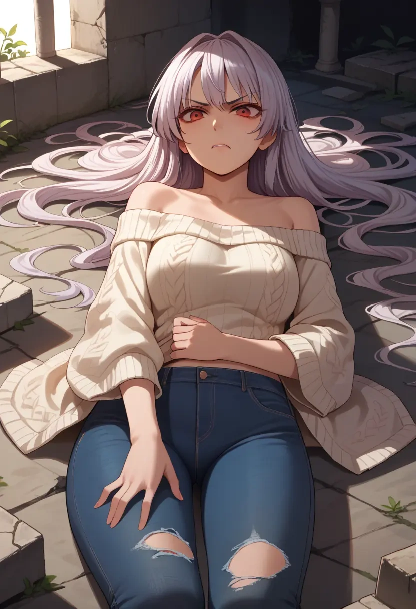 touhou,toutetsu_yuuma,sweater,off-shoulder,ripped jeans  - 