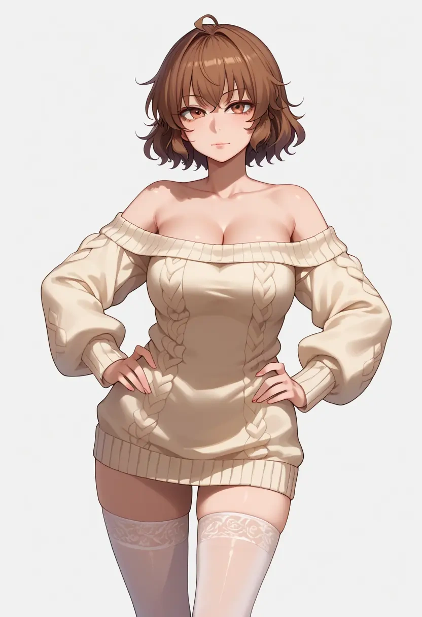 touhou,toyosatomimi_no_miko,Hands on hips,off-shoulder,sweater,stockings  - 