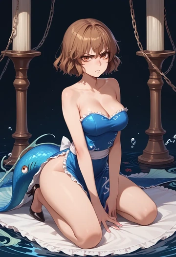 touhou,toyosatomimi_no_miko,gown,strapless,mermaid silhouette  - AI generated anime art