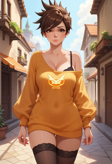 overwatch,tracer_(overwatch),off-shoulder,sweater  - AI generated anime art