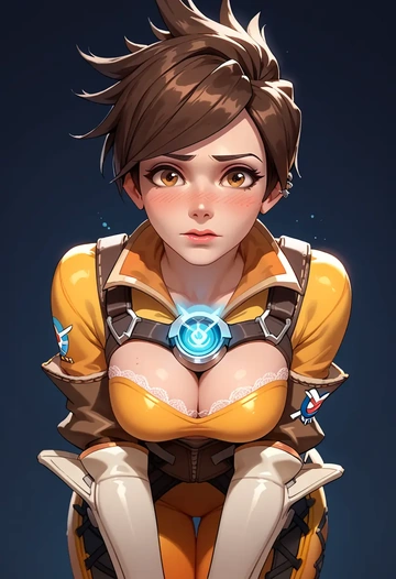 overwatch,tracer_(overwatch),witch blouse,asymmetrical skirt,striped stockings  - AI generated anime art