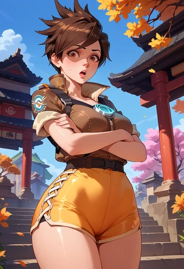 overwatch,tracer_(overwatch),jogger shorts,oversized tank  - AI generated anime art