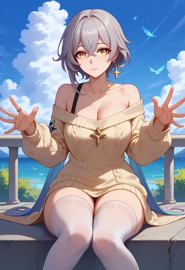 honkai_star_rail,trailblazer_(honkai_star_rail),cross-legged,off-shoulder,sweater,stockings  - AI generated anime art