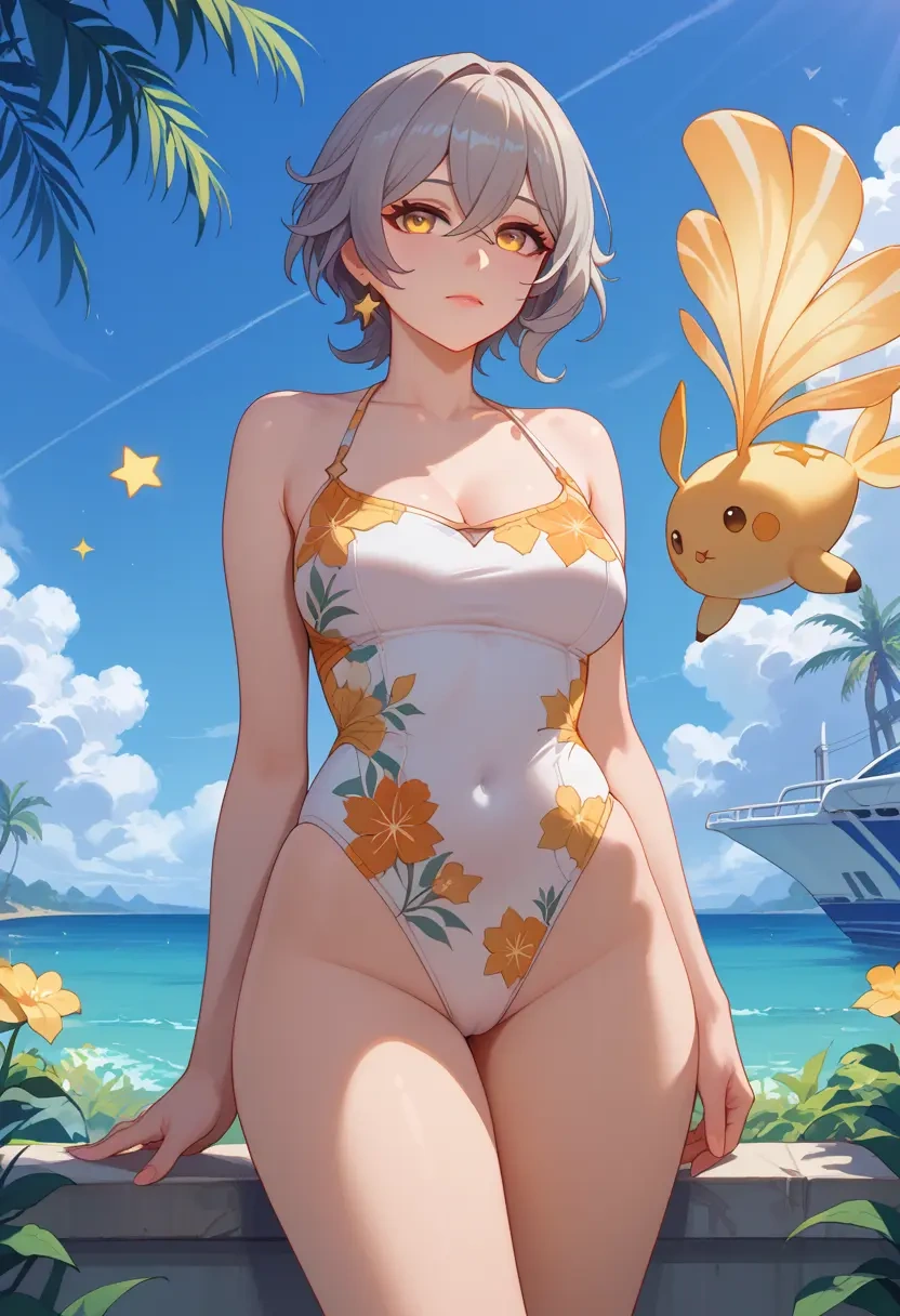 honkai_star_rail,trailblazer_(honkai_star_rail),swimsuit,floral print  - 