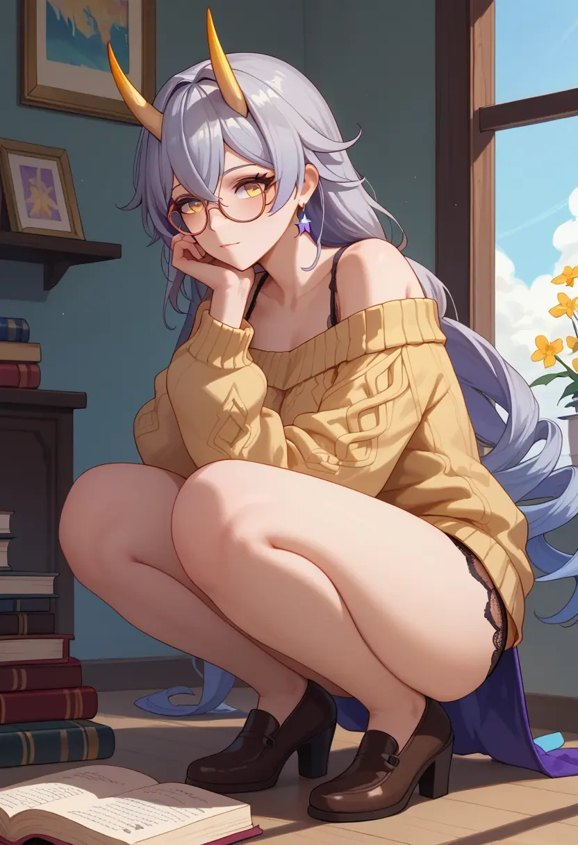 honkai_star_rail,trailblazer_(honkai_star_rail),sweater,panties,off-shoulder,glasses,sexy  - 