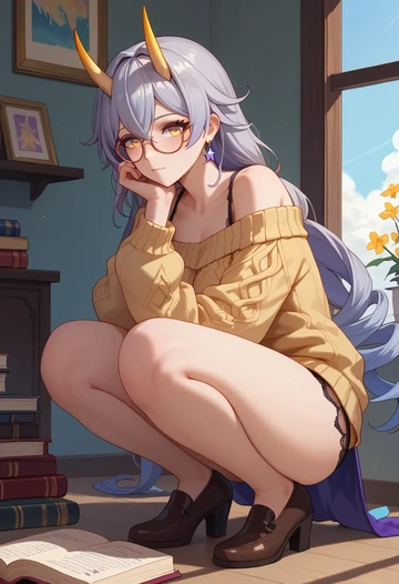 honkai_star_rail,trailblazer_(honkai_star_rail),sweater,panties,off-shoulder,glasses,sexy  - AI generated anime art