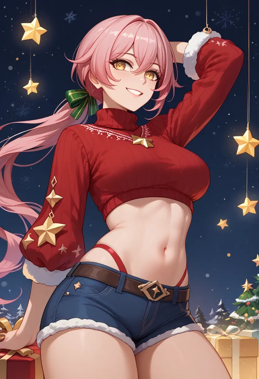 honkai_star_rail,trailblazer_(honkai_star_rail),Christmas,red velvet shorts,turtleneck sweater  - 