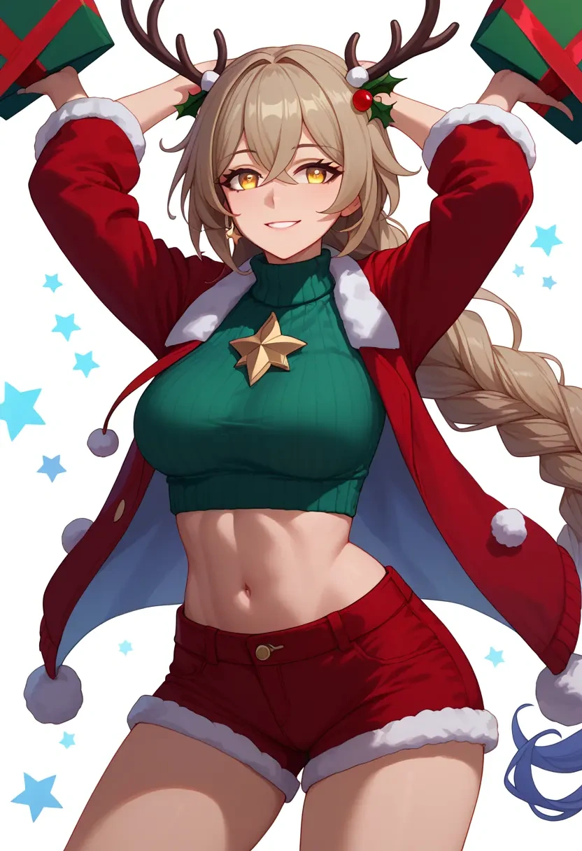 honkai_star_rail,trailblazer_(honkai_star_rail),Christmas,red velvet shorts,turtleneck sweater  - 