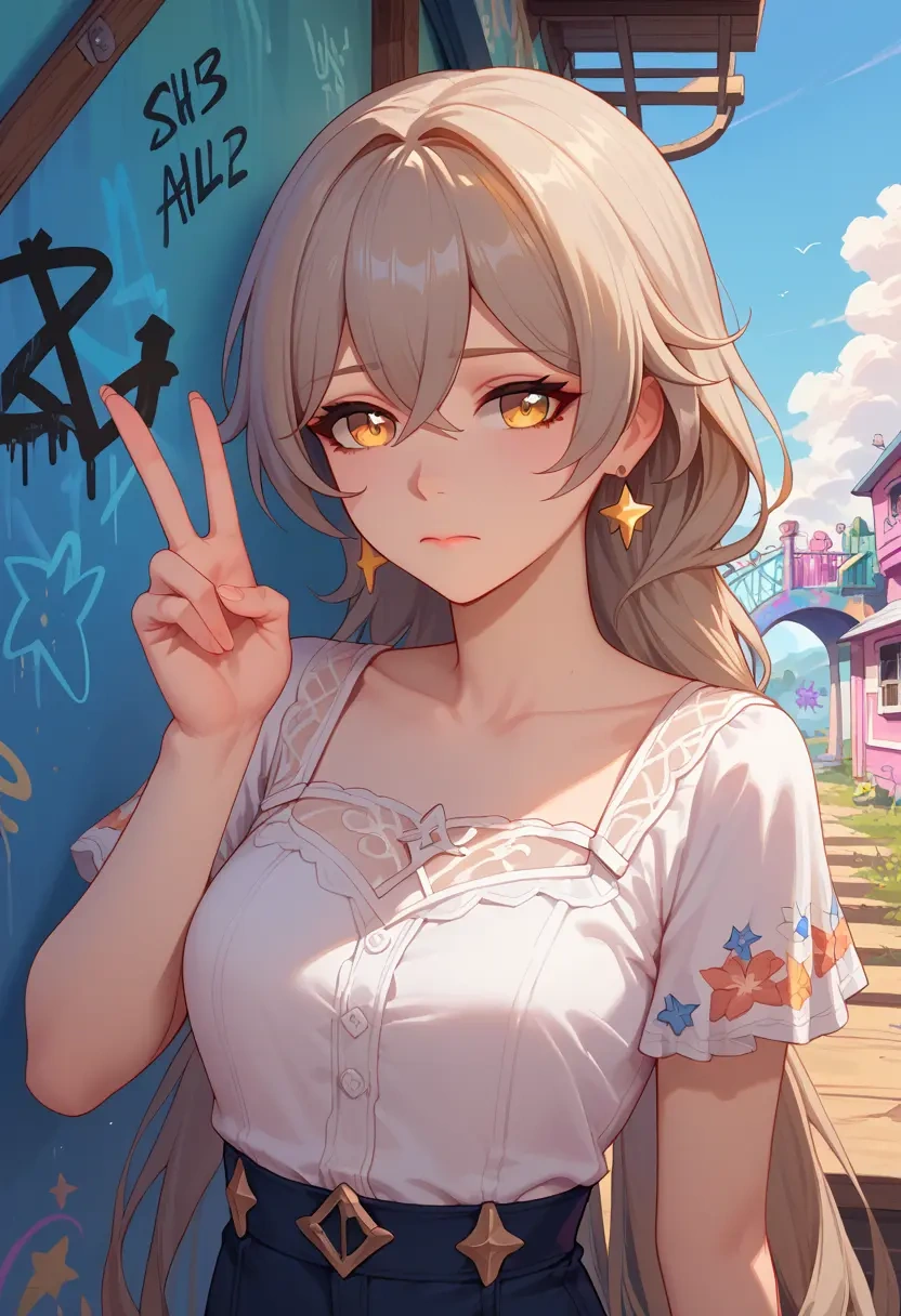 honkai_star_rail,trailblazer_(honkai_star_rail),floral graffiti blouse,dolphin shorts  - 