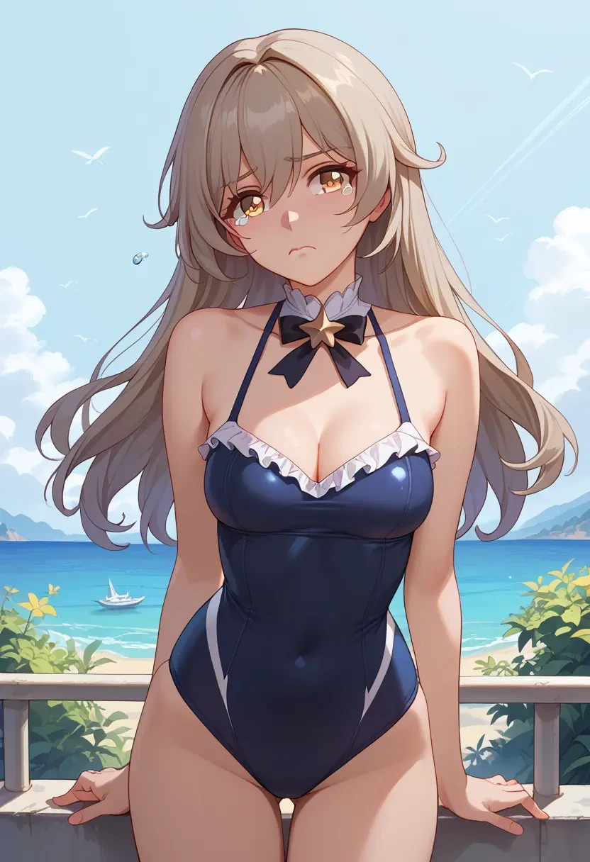 honkai_star_rail,trailblazer_(honkai_star_rail),retro style swimsuit,frilled neckline,bow detail  - 