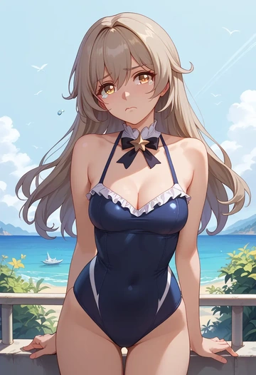 honkai_star_rail,trailblazer_(honkai_star_rail),retro style swimsuit,frilled neckline,bow detail  - AI generated anime art