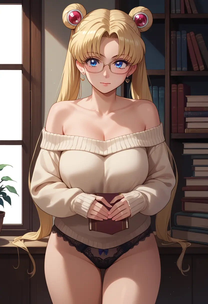 bishoujo_senshi_sailor_moon,tsukino_usagi,off-shoulder,panties,glasses,sweater  - 