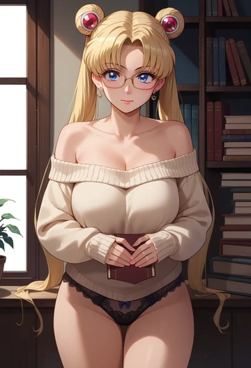 bishoujo_senshi_sailor_moon,tsukino_usagi,off-shoulder,panties,glasses,sweater  - AI generated anime art