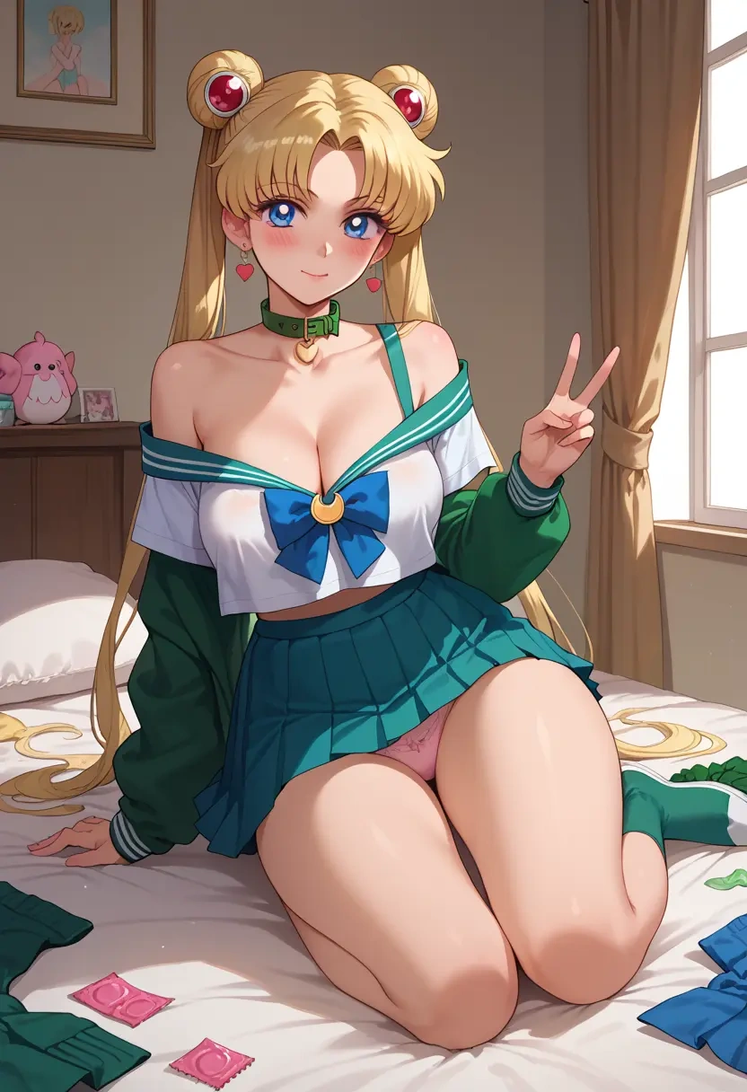 bishoujo_senshi_sailor_moon,tsukino_usagi,blushing,collar, peace sign, condom,mini skirt,Thigh garters  - 