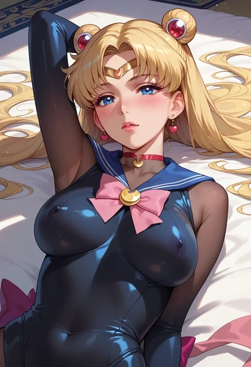 bishoujo_senshi_sailor_moon,tsukino_usagi,black widow bodysuit,spiderweb cape,leather gloves  - AI generated anime art