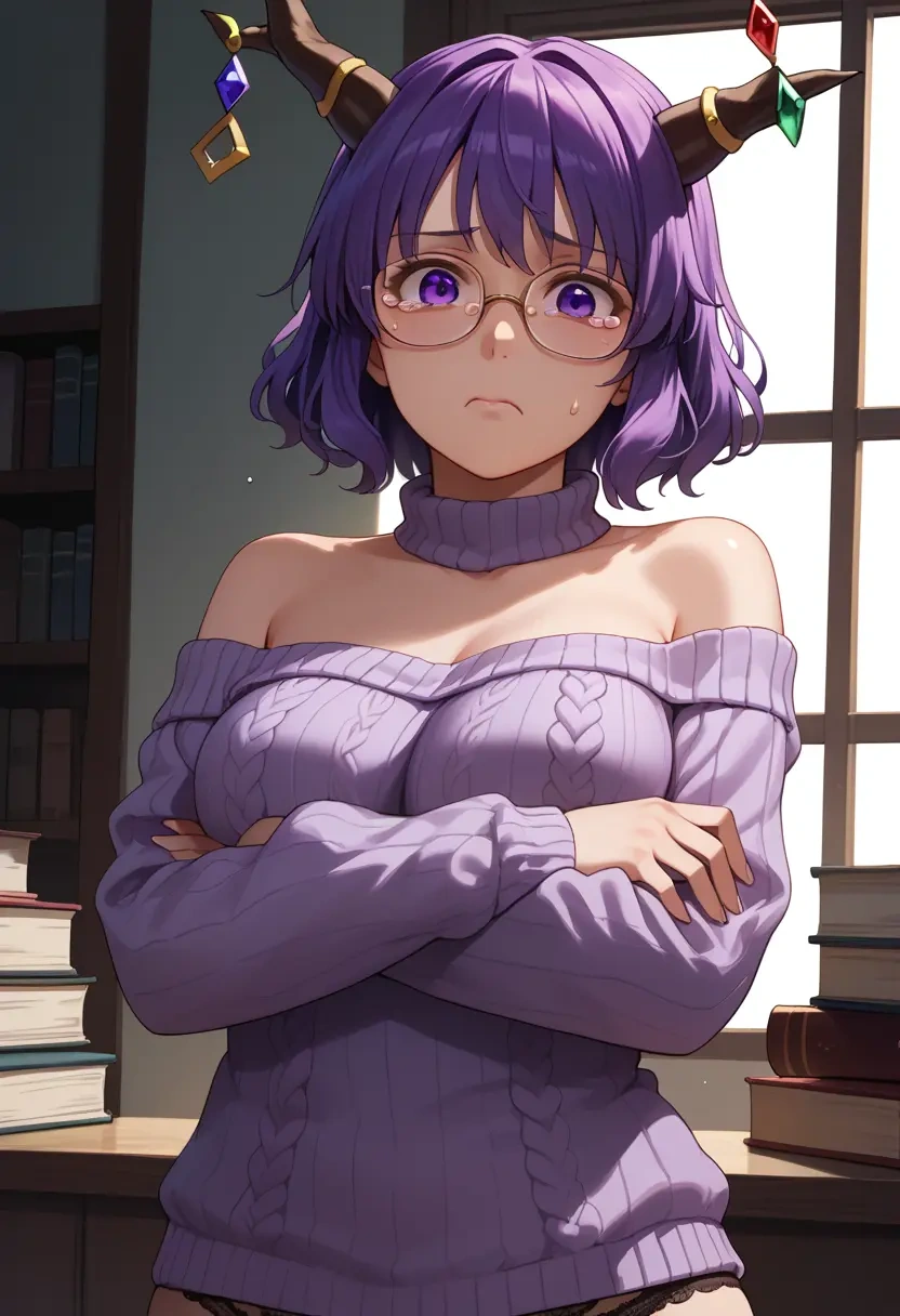 touhou,tsukumo_benben,sweater,panties,off-shoulder,glasses,sexy  - 