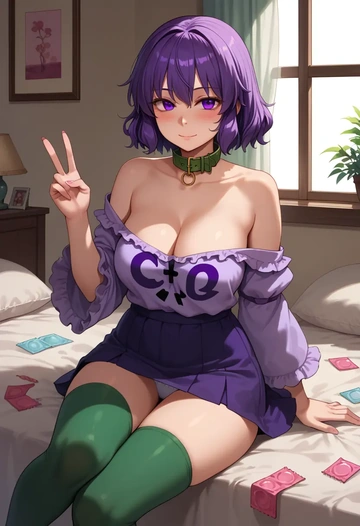 touhou,tsukumo_benben,blushing,collar, peace sign, condom,mini skirt,Thigh garters  - AI generated anime art