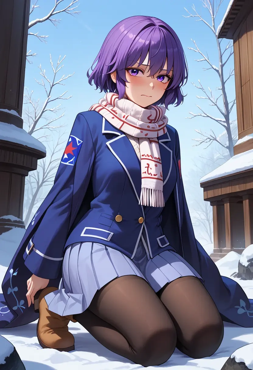 touhou,tsukumo_benben,winter,student uniform,puffer coat  - 