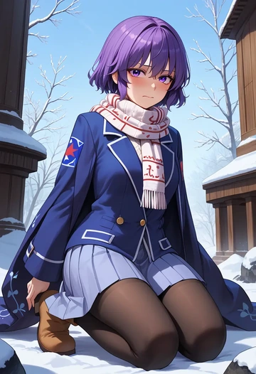 touhou,tsukumo_benben,winter,student uniform,puffer coat  - AI generated anime art