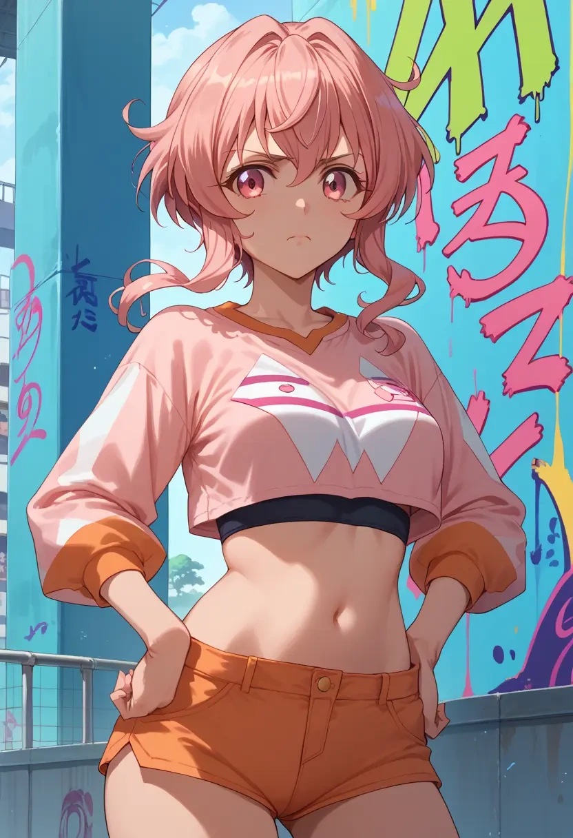 senki_zesshou_symphogear,tsukuyomi_shirabe,cropped graffiti sweatshirt,dolphin shorts  - 