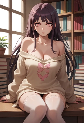 danganronpa_(series),tsumiki_mikan,Pouting,off-shoulder,sweater,stockings  - AI generated anime art