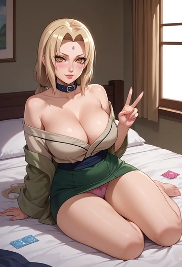 naruto_(series),tsunade_(naruto),blushing,collar, peace sign, condom,mini skirt,Thigh garters  - AI generated anime art