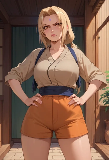 naruto_(series),tsunade_(naruto),jogger shorts,oversized tank  - AI generated anime art