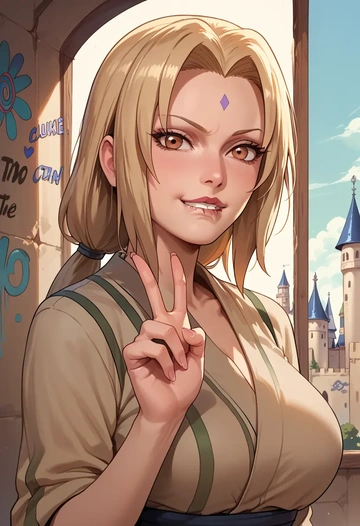 naruto_(series),tsunade_(naruto),striped graffiti blouse,dolphin shorts  - AI generated anime art