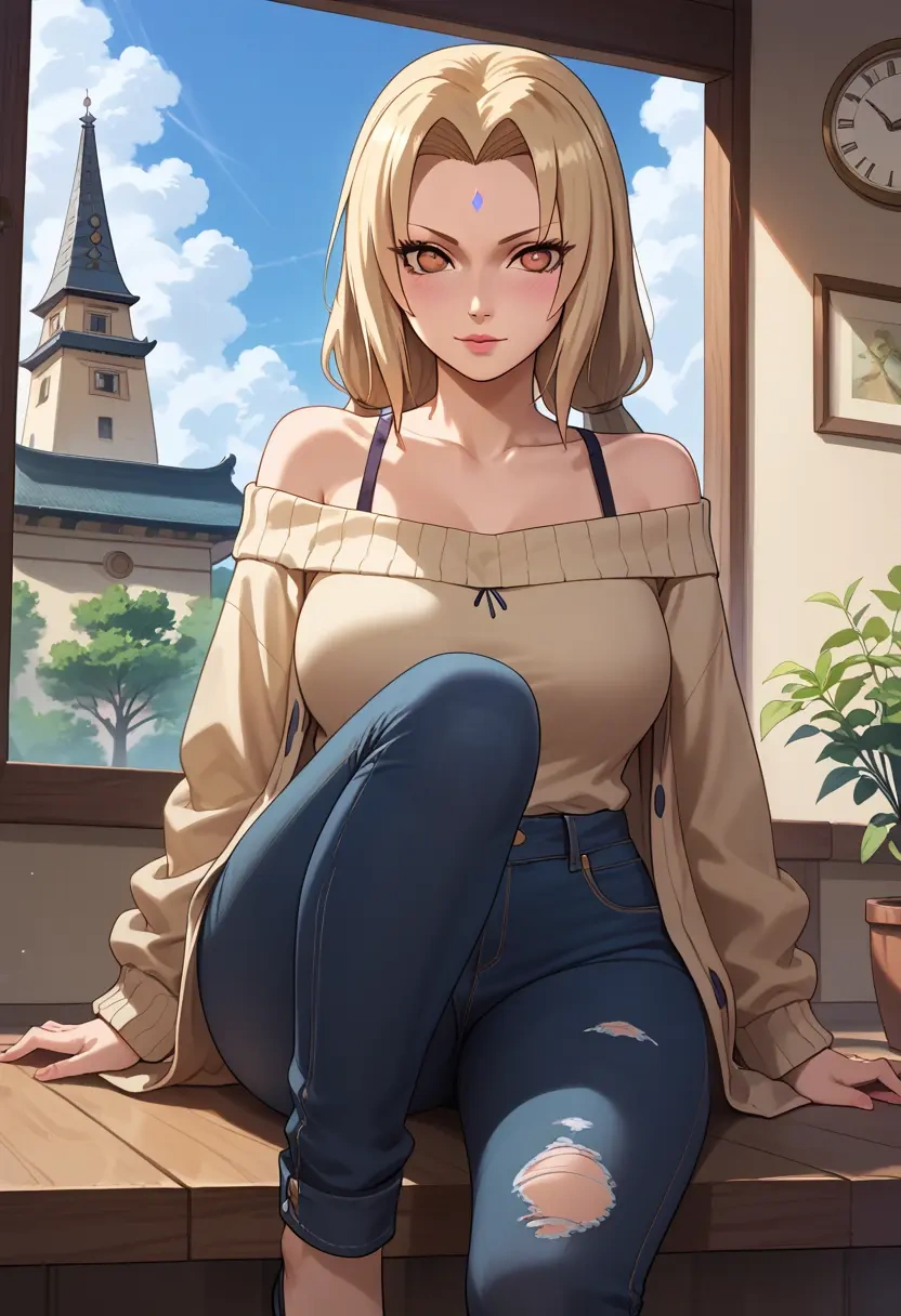 naruto_(series),tsunade_(naruto),sweater,off-shoulder,ripped jeans  - 