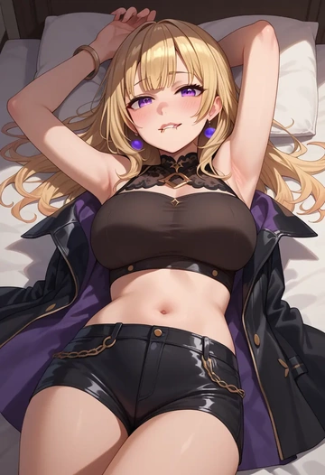 hololive,tsunomaki_watame,leather,shorts,crop top  - AI generated anime art