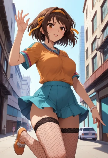 suzumiya_haruhi_no_yuuutsu,tsuruya,mini skirt, stockings  - AI generated anime art