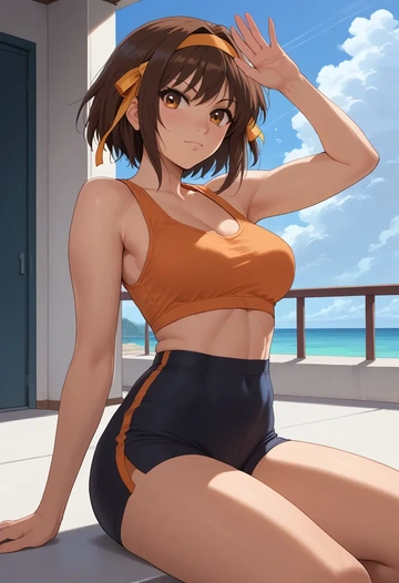 suzumiya_haruhi_no_yuuutsu,tsuruya,yoga shorts  - AI generated anime art