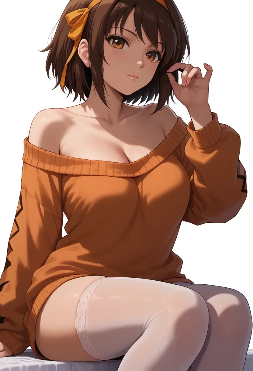 suzumiya_haruhi_no_yuuutsu,tsuruya,cross-legged,Head resting on hand,off-shoulder,sweater  - 