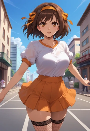 suzumiya_haruhi_no_yuuutsu,tsuruya,mini skirt, stockings  - AI generated anime art