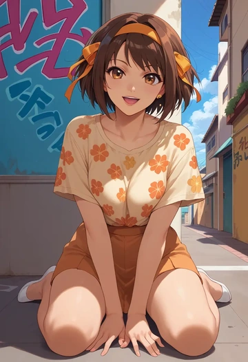 suzumiya_haruhi_no_yuuutsu,tsuruya,silk graffiti shirt,dolphin shorts  - AI generated anime art