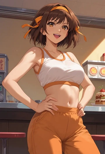 suzumiya_haruhi_no_yuuutsu,tsuruya,sports crop,high-waisted shorts  - AI generated anime art