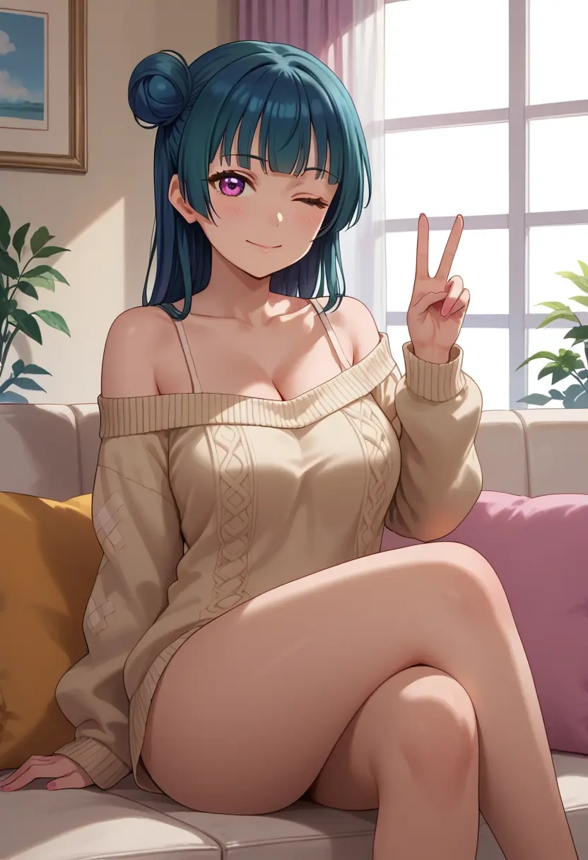 love_live,tsushima_yoshiko,off-shoulder,sweater  - 