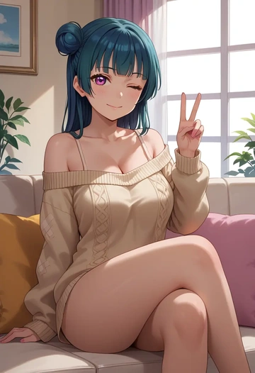 love_live,tsushima_yoshiko,off-shoulder,sweater  - AI generated anime art